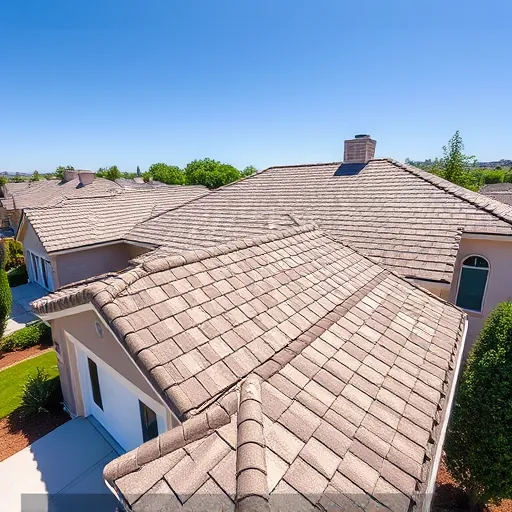 Close-up of a new high-quality shingle roof on a suburban home in Newman CA with landscaped yard and sunny sky
