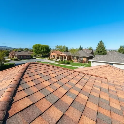 Close-up view of a newly replaced roof in Vernalis CA with modern shingles in earthy tones and a clear blue sky above.