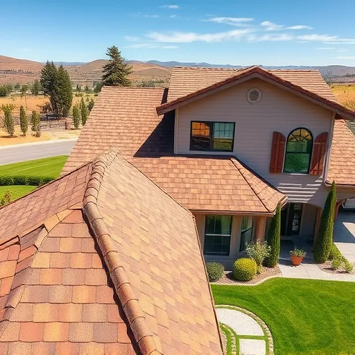 Newly replaced roof with durable earthy shingles on a modern home in Shackelford CA surrounded by lush lawn and scenic hills