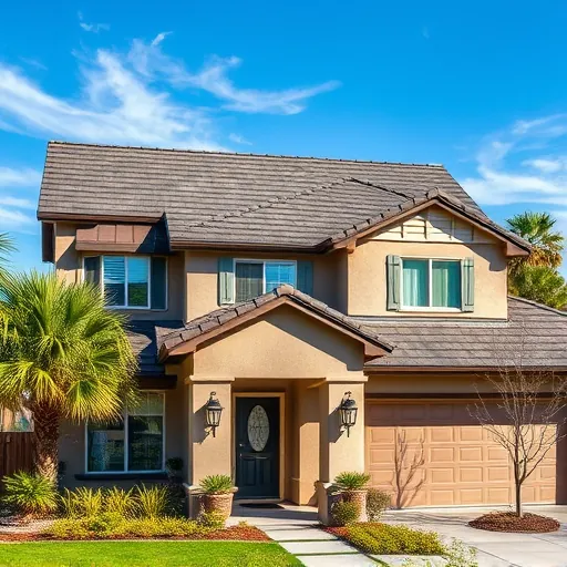 Completed roofing project in Modesto CA showcasing a modern home with dark shingles and vibrant landscaping under blue sky.