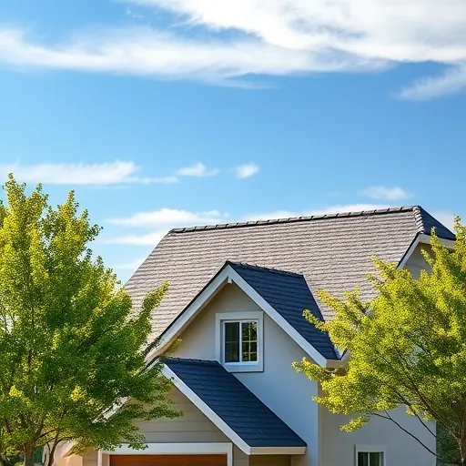 Completed roofing project in Shackelford CA with high-quality shingles surrounded by vibrant trees and blue sky.