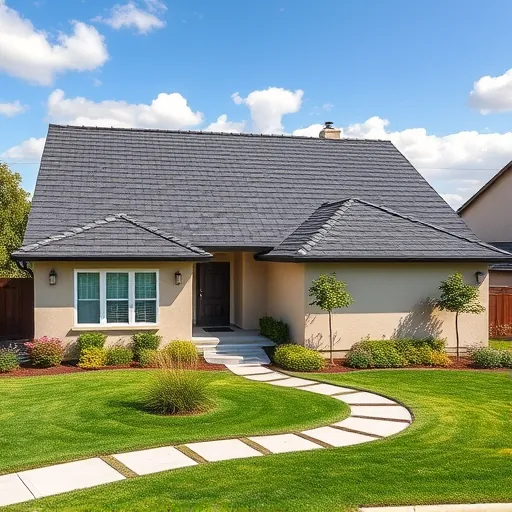 Completed roofing project in Denair CA featuring modern home with sleek charcoal asphalt shingles and landscaped yard.