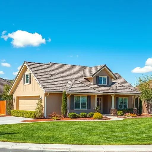 Completed asphalt shingle roof in Shackelford CA with manicured lawn and vibrant landscaping beneath a blue sky.