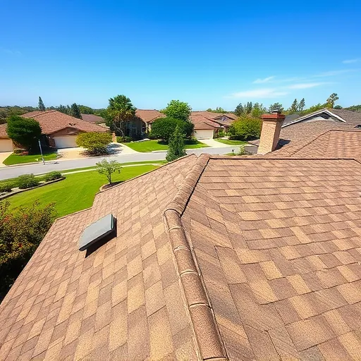 Close-up of a finished waterford CA roof with textured asphalt shingles, vents, flashing, in a peaceful neighborhood scene