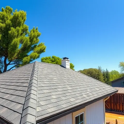 Completed roofing project in Bret Harte CA with shiny asphalt shingles surrounded by green trees and blue sky.