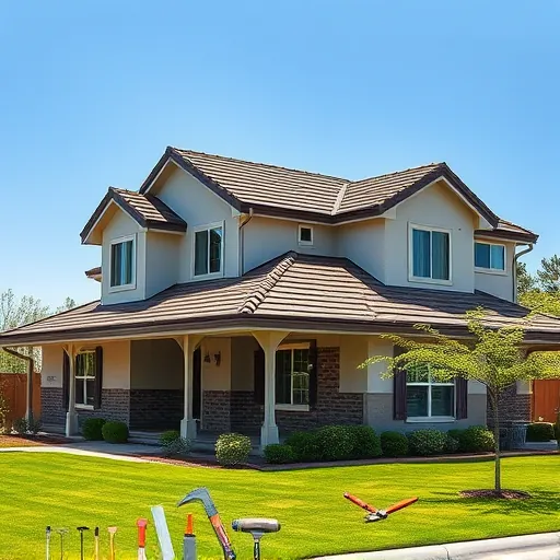 Complete roofing project in Salida CA featuring dark shingles on a contemporary home with lush landscaping.