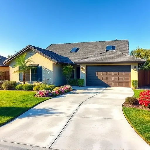 Completed roofing project in Riverbank CA featuring a dark gray asphalt roof, lush landscaping, and clear blue sky.