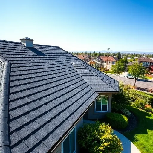 Completed roofing project in Tracy CA with dark gray shingles, well-placed vents, and manicured landscaping.
