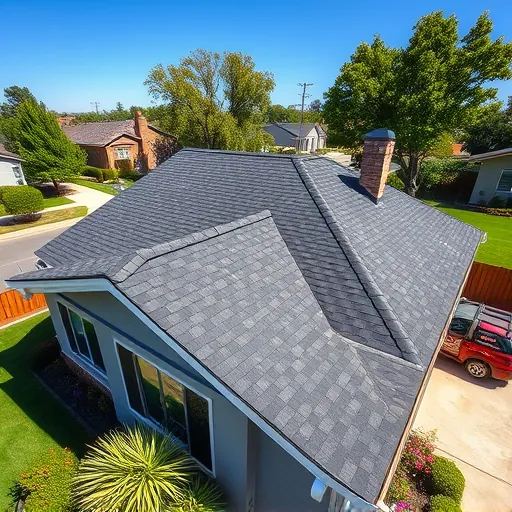 Newly replaced asphalt shingle roof on a modern home in Bystrom California with lush yard and neighboring houses in clear weather