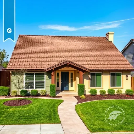 Freshly completed asphalt shingle roof on a home in West Modesto CA with landscaped yard and blue sky backdrop
