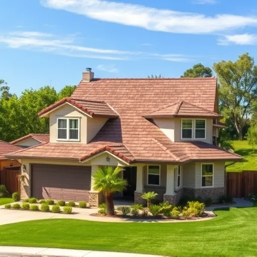 Complete residential roof replacement in Rouse California with earthy-toned asphalt shingles, lush greenery, and clear sky