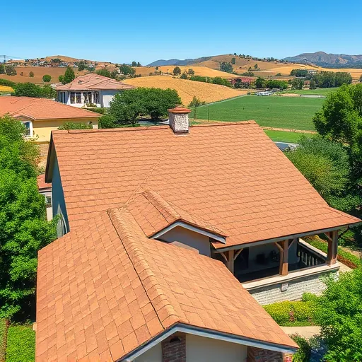 Freshly completed roof with architectural shingles on a historic home in Knights Ferry CA, featuring lush greenery and scenic hills