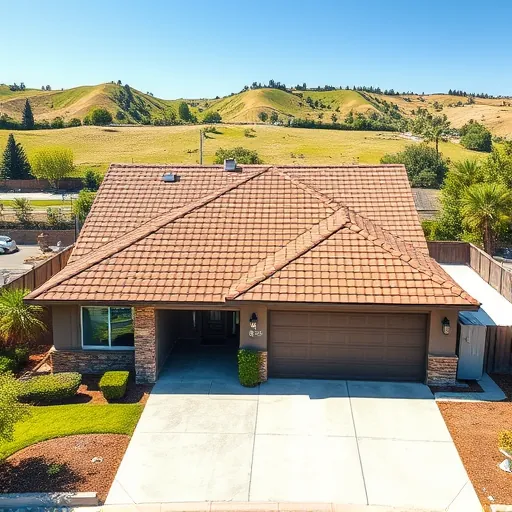 Recently replaced warm-toned asphalt shingle roof on a modern home in Empire CA with lush landscape and clear blue sky