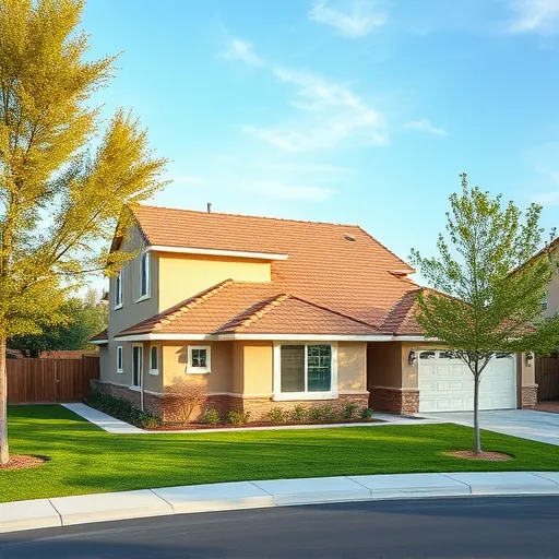 Residential home in Hilmar-Irwin CA with a new asphalt shingle roof, manicured lawn, mature trees, and clear blue sky