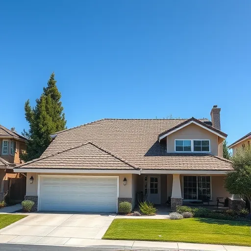 Newly replaced roof on a house in Salida CA with detailed shingles, lush lawn, mature trees, and clear blue sky