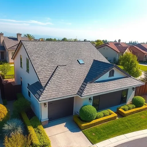 Newly replaced asphalt shingle roof with charcoal gray shingles on a modern home in Stockton California, with lush landscaping