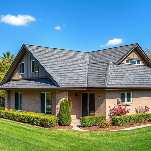 Completed roofing project in Farmington CA featuring a modern home with dark gray shingles and lush landscaping.