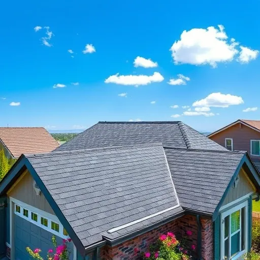 Completed modern roofing installation in Oakdale CA with dark gray shingles under a clear blue sky and suburban homes.