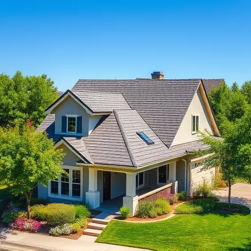 Completed modern roofing project in French Camp CA featuring vibrant shingles and lush landscaping under a clear sky.