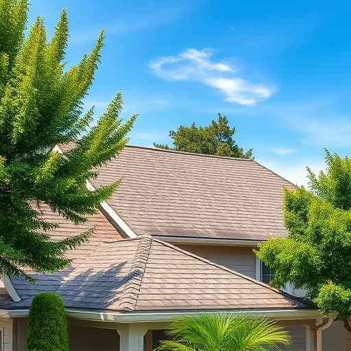 Freshly replaced residential roof in Shackelford CA with detailed shingles, lush greenery, blue sky, and well-maintained landscape