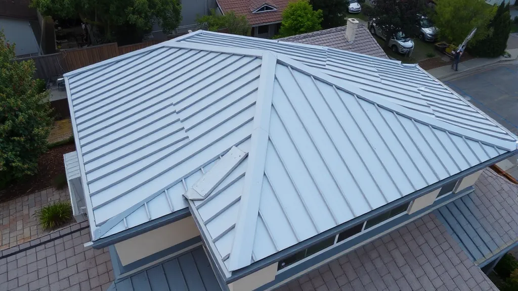 Metal roof installation project in Modesto CA showcasing workers and materials on a residential building.