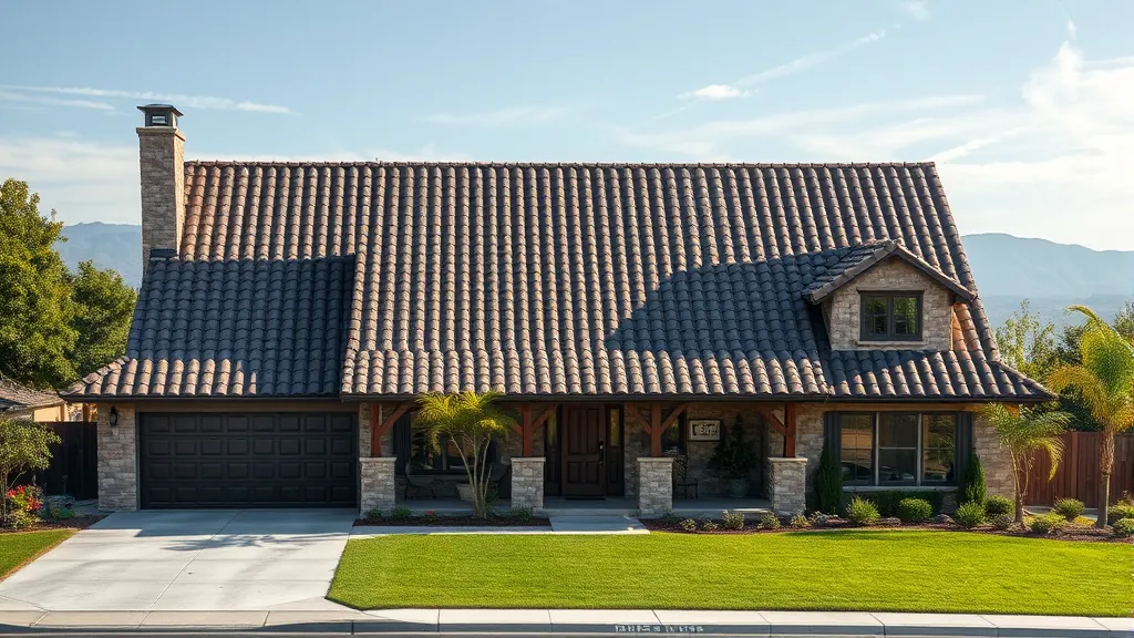 Roofing in Ballico, CA with a clear blue sky in the background showcasing a completed project.