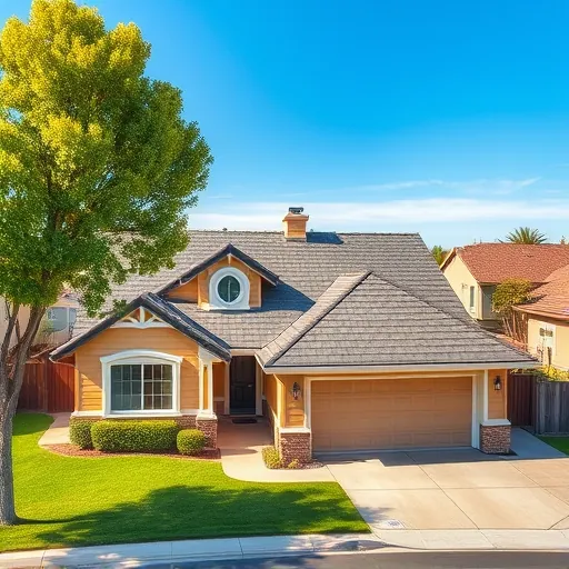 Completed roof replacement on a modern home in Waterford CA featuring asphalt shingles, warm siding, and lush greenery.