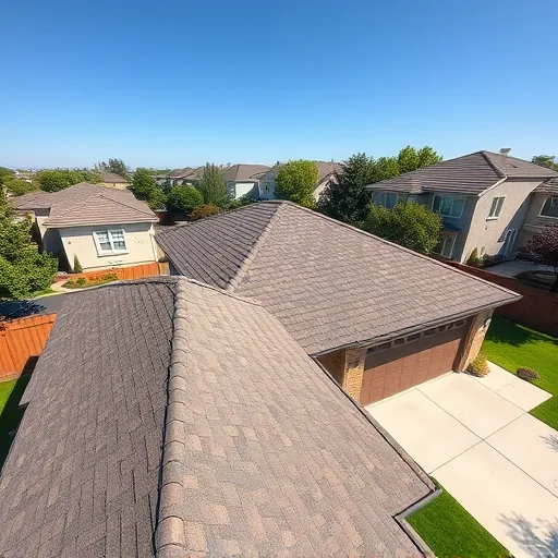 Close-up of a new durable shingle roof on a modern suburban home with sunny sky and lush landscaping in Modesto California