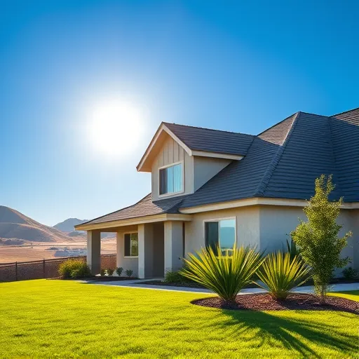 Completed roofing project in Rouse CA with dark gray shingles, bright blue sky, and lush landscaping enhancing curb appeal.