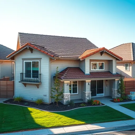 Finished modern home roof with warm earth tone shingles, lush landscaping, and clear blue sky in Stockton CA