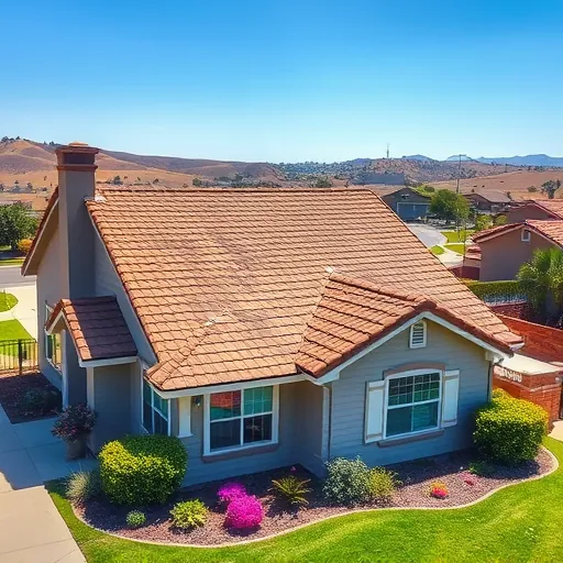 Completed roofing project in West Modesto CA with earthy shingle tones, chimney, and landscape under a sunny sky.