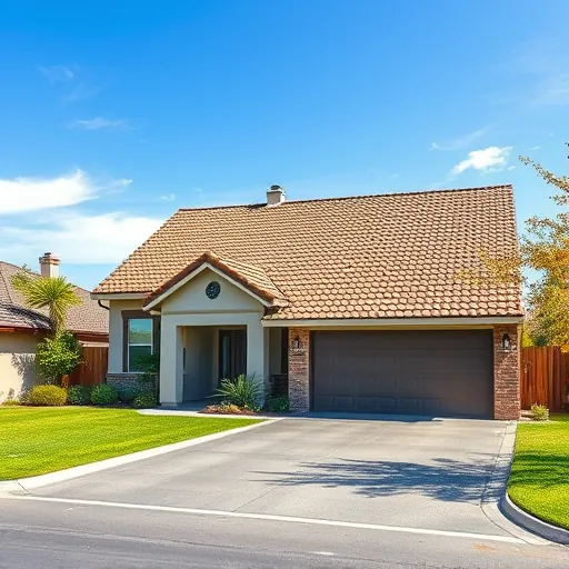 Newly replaced roof with textured warm earth shingles on modern La Grange home under sunny blue sky with lush lawn