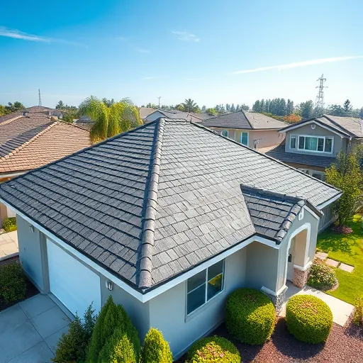 Finished modern home roof replacement with charcoal shingles, lush lawn, blue sky, and neighborhood in Westley CA