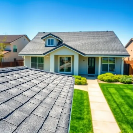 Freshly completed asphalt shingle roof on a modern home in Salida CA with lush green yard and blue skies.