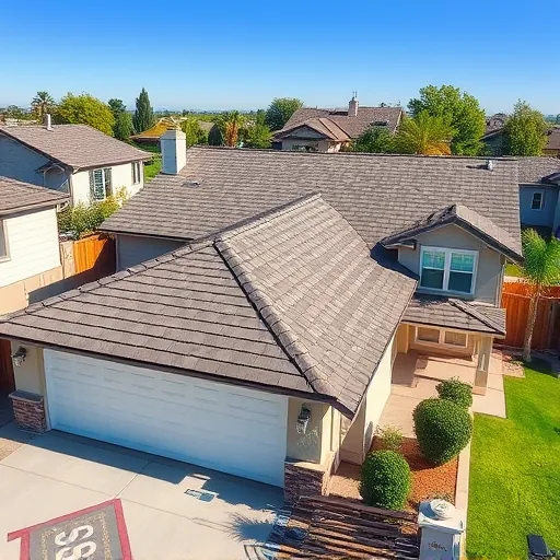 Completed asphalt shingle roof replacement in Lathrop CA on modern suburban home with lush greenery and clear blue sky
