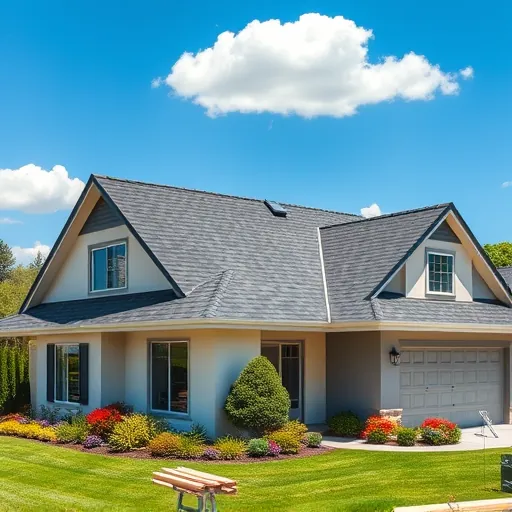 Contemporary residential roofing in Valley Home CA with charcoal asphalt shingles and vibrant landscaping on a sunny day.