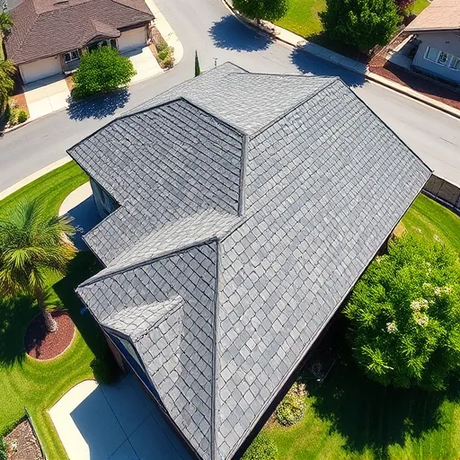 Completed roofing project in Bret Harte CA, showcasing steep pitched roof, aligned shingles, and manicured landscape.