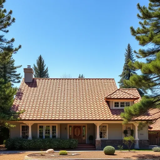 Completed roofing project in Sonora CA featuring vibrant earth-tone shingles and intricate trim against a blue sky.