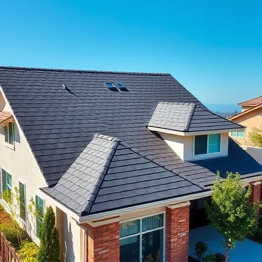 Completed roofing project in Stockton CA featuring a modern home with dark gray shingles and elegant design.