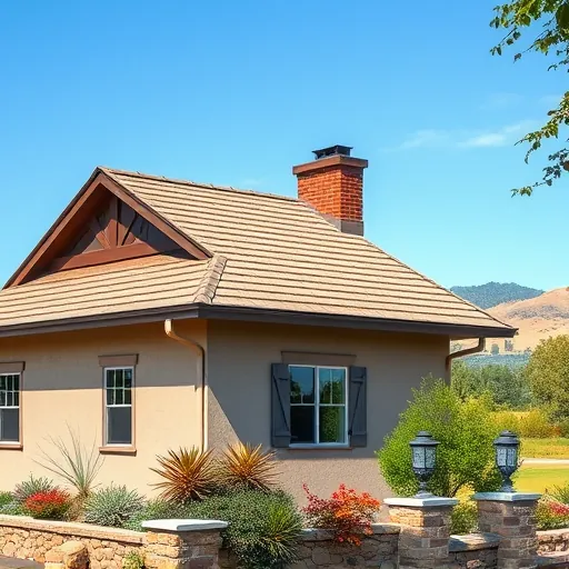 Completed roofing project in Knights Ferry CA features sleek earthy-toned shingles, elegant eaves, and landscaping.