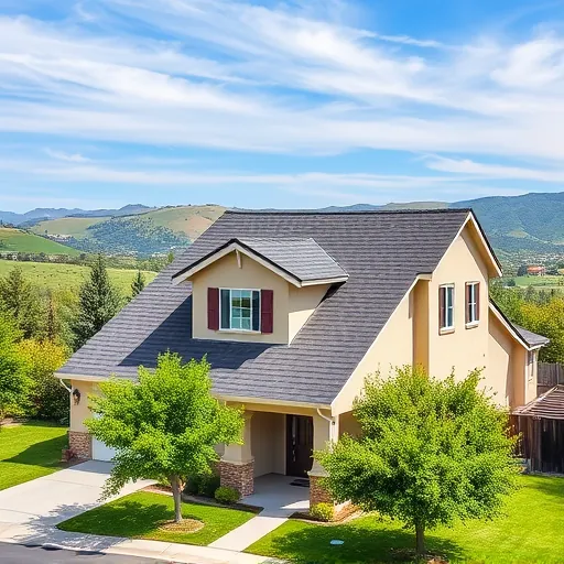 Freshly replaced dark asphalt shingle roof on modern Patterson CA home with lush green surroundings and scenic hills