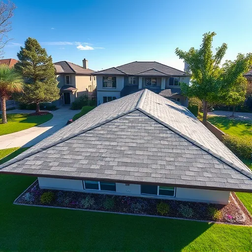 Freshly replaced asphalt shingle roof on modern Farmington CA home with landscaped yard and clear blue sky