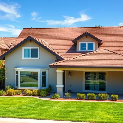 Completed residential roofing in Modesto CA showcasing new shingles and a clear blue sky with no people.