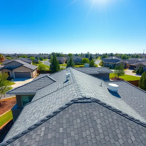 Newly replaced asphalt shingle roof on modern home in West Modesto CA with gutters lush lawn and blue sky