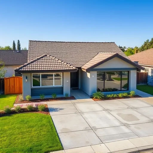Completed residential roof replacement in Tracy California with gray and brown shingles, lush landscaping, and modern home features