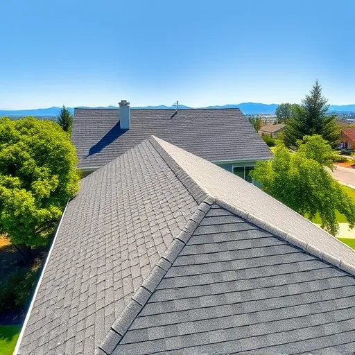 Fresh asphalt shingle roof in Bret Harte CA with vibrant colors, aligned shingles, green trees, and a clear blue sky.