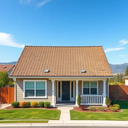 Completed roof replacement on a modern house in Roberts Ferry CA with asphalt shingles, landscaped garden, and blue sky