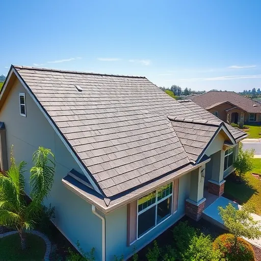 New asphalt shingles on a modern home in Tracy CA, surrounded by greenery under a clear blue sky, showcasing quality work.