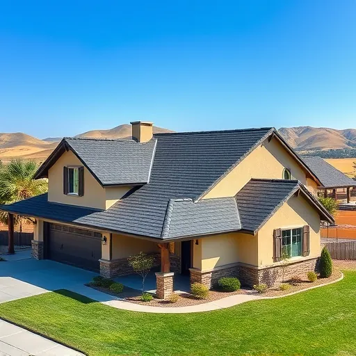 Completed roofing project in Salida CA featuring a sleek dark-shingled roof and warm-toned exterior with lush landscaping.