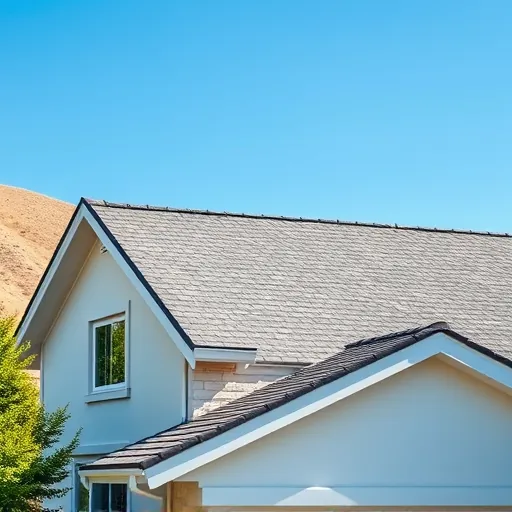 Completed roofing project in Patterson CA featuring a modern home with textured shingles and a serene blue sky.